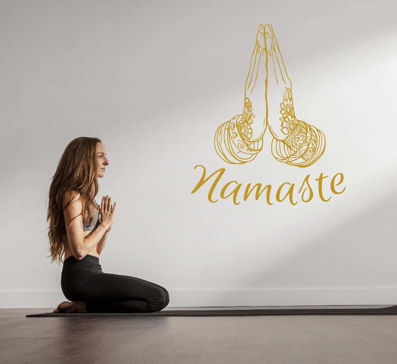 Namaste Hands Decal, Yoga Studio Decor, Yoga Room Art, Floral Namaste Yoga Decal, Yoga Stencil, Motivational Yoga Decor, Yoga Art n033